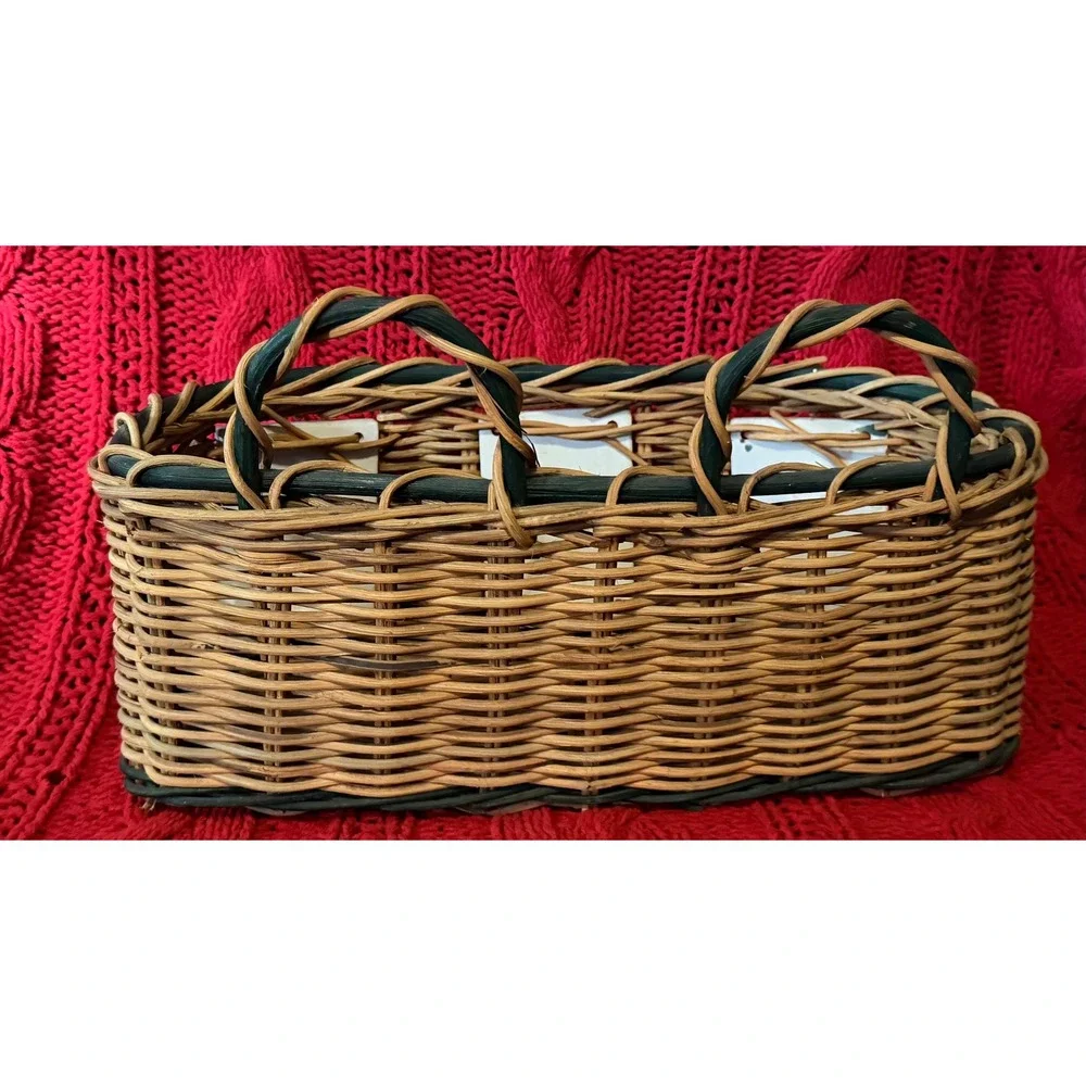 Vintage Wicker Wall Hanging Basket 3D Ceramic Cat and Floral Tiles Cottagecore